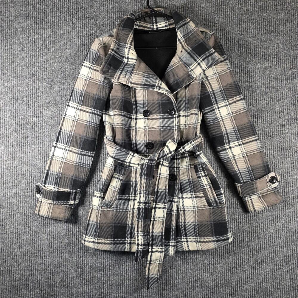 Ike Behar Plaid Peacoat Jacket Belted Double Breasted Gray‎ Cream M